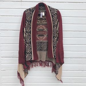 Alya Burgundy Black Aztec Fringe Cardigan Size M